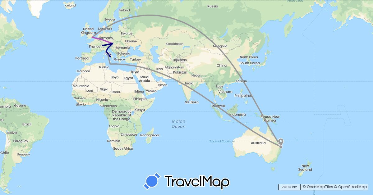 TravelMap itinerary: driving, plane, train in Austria, Australia, Switzerland, United Kingdom, Italy, Malta (Europe, Oceania)